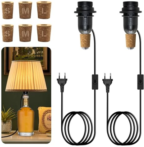 E14 Lampenfassung für Flaschen 2 Stück, 240CM Kabel Fassung mit Schalter, Flaschenadapter Lampe, Schwarze Flaschenlicht mit 3 Kork, Flaschenlampe Aufsatz, DIY Tischlampe Kit für Vielfältig Flaschen