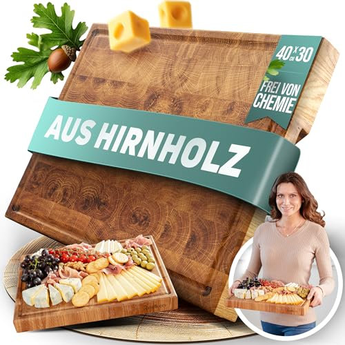Stirnholz Schneidebrett [Eiche] Hochwertiges Holzschneidebrett, groß & massiv – Hirnholz-Küchenbrett mit tiefer Saftrille, rutschfestes & messerschonendes Holz – 30x40x4 cm | Reelken