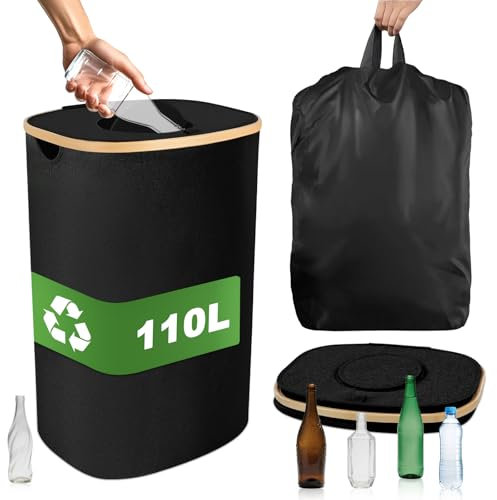 110L Recycling Glass Bin with Lid & Reusable Inner Bags, Deposit Bottle Collector Bins, Storage Container for Collecting Empty Bottles, Waste Trash Sorting Organizer for Kitchen, Indoor, Home (Black)