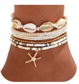 Yean Bracelets de cheville bohèmes à perles superposées, étoiles de mer, coquillages, bijoux de plage pour femmes (A or, Taille unique)