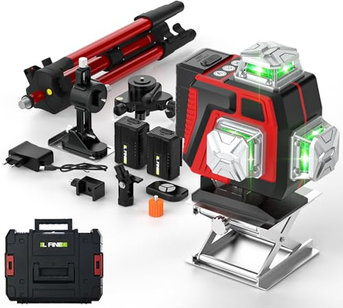 Niveau Laser 4D 16 Lignes Vert avec Télécommande, Auto-nivellement ±3°, Mode Manuel, 2 Batteries Rechargeables, Support Magnétique 360°, Trépied Ajustable et Mallette de Transport