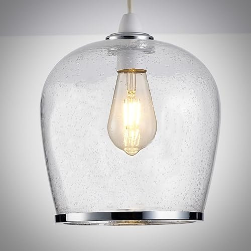 HARPER LIVING Easy Fit Pendant Light Glass Shade with Bubbles, Chrome Finish, 22CM Diameter, E27/B22 Lamp Shade with Reducer Ring for Ceiling Lighting