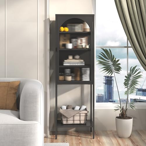 REXO Metall Glas Tür Schaukasten Speicher Schrank – 5-Stufen Würfel Bücherregal Speicher Schrank mit 3 einstellbaren Regalen. Für Küche, Esszimmer, Wohnzimmer, Bad, Home-Office (H160cm×B50cm×T35cm)