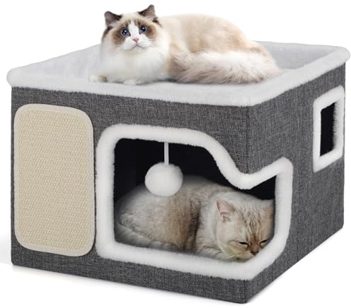 Shikha Faltbares Katzenhöhle Indoor für große Katzen, 42L x 42B x 32H cm | Große Katzenhaus mit Kratzbrett und Spielball, 2 Schicht Katzen würfel, Katzen Höhle für kleine und mittlere Haustiere,Grau