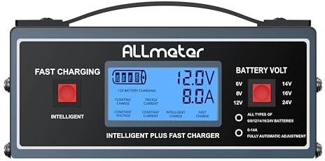 ALLmeter LCD Caricabatterie Auto Intelligente 10A 6-24V, Rilevamento Automatico con Multi Protezione e Indicatore di Polarità Inversa, Cavo 80cm e Manico, per Batterie al Piombo-Acido Gel AGM STD
