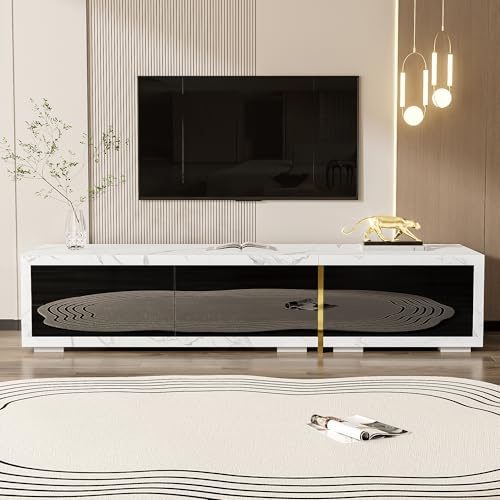 Meuble TV moderne, variable, 140 à 260 cm, pivotant et extensible, aspect marbre noir avec finition blanche et touches dorées, grand espace de rangement, meuble bas élégant pour le salon
