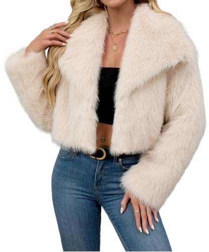 Generisch Damen Kunstpelz Mantel Kurzer Felljacke Faux Pelz Winterjacke Kunstfell Einfarbig Dicker Parka Wintermantel Übergangsjacke Beige L