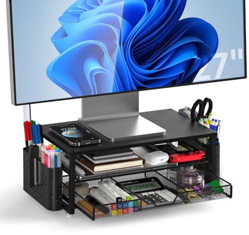 MOWETOO Support pour moniteur à 2 niveaux, support d'imprimante, support d'écran avec plate-forme grillagée, tiroir et porte-stylo
