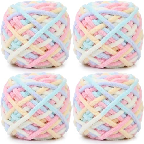 Lighterday Super Chunky Knit Chenille Yarn 4 x 100g Multi-Colored Crochet Wool for Hand Knitting Blankets,Knitting Wool for Big Blankets Sock and Scarves (Macaron)