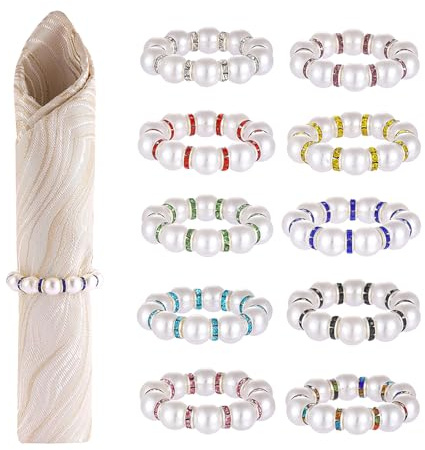 KASESSS Set Di 10 Portatovaglioli Con Perle, Anelli Portatovaglioli Con Colorati Strass, Anelli Per Tovaglioli Per Matrimoni, Festival, Cena Famiglia,Natale E Ringraziamento, Anniversar, Perle Finte