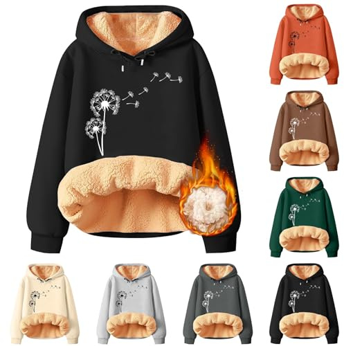 Damsweatshirt med huva bomull vintertröja damer varm fluffig huvtröja mönstrad fleecetröja fodrad långtröja rund hals tröja plysch tröja, gosig långärmad tröja tjock, svart, 4XL