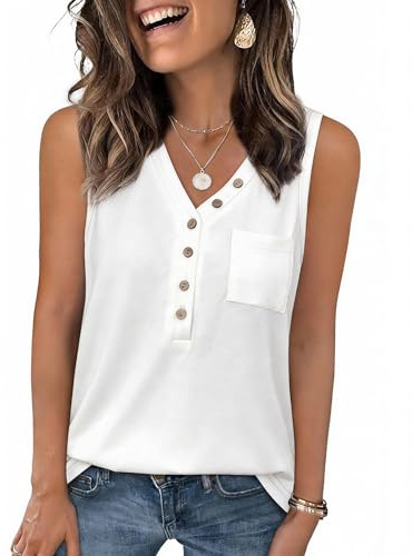Aottori Camiseta Mujer sin Mangas para Verano Botones Frontales Cuello en V | Ajuste Suelto, Tejido Elástico, Tacto Suave, Estilo Casual, Acabado Liso, para Uso Casual, Uso Diario