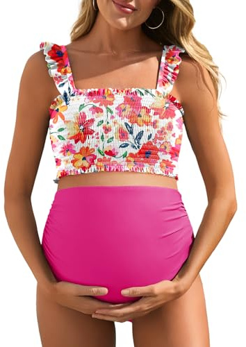 Summer Mae Maternity High Waist Bikini Swimsuit Two Piece Ruffled Hem Cute Bathing Suit Floral Pregnancy Swimwear, Blue Floating Flower, XXL
