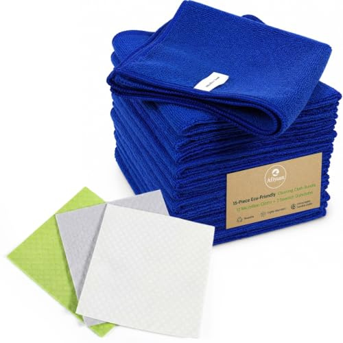 Afiyaan 15-Piece Microfibre Cleaning Cloths & Swedish Dishcloths Set – 12 Reusable Cleaning Cloths + 3 Swedish Dishcloths, Absorbent Kitchen Cleaning Cloths, Streak-Free Cleaning
