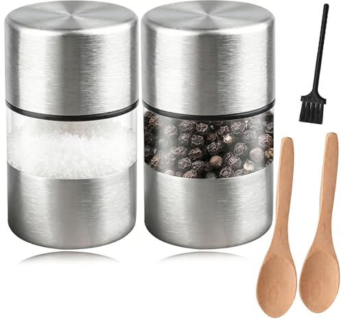5PCS Travel Salt and Pepper Sets, Camping Salt and Pepper Set, Compact Portable Spice Grinders for Outdoor Cooking and Kitchen Use, Includes Two Mini Grinders, Two Wooden Spoons and Cleaning Brush