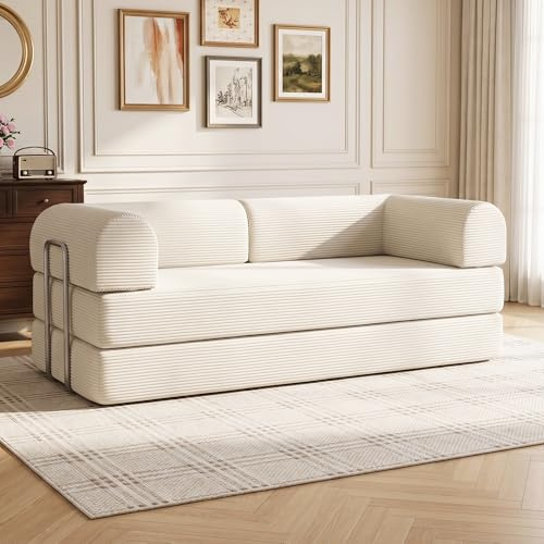 GRAVFORCE Schlafsofa – faltbares Bodensofa Bed mit Metallrahmen - Schlafsofa Klappbar 178cm breit - Compressed Sofa ohne Beine modulares Sofa Cord für Wohnzimmer Schlafzimmer Beige