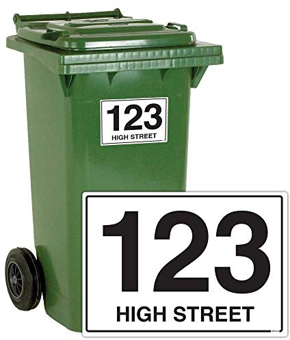 stika.co Pack of 4 Personalised waterproof wheelie bin Number and Road Name stickers - Bin and Recycle waste containers Self-adhesive Vinyl stickers (A6-148x105mm, White Vinyl)