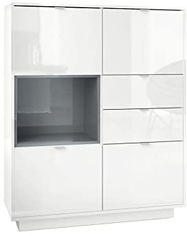 Vladon Buffet Haut Armoire Metro, Corps en Blanc Haute Brillance/Façades en Blanc Haute Brillance avec Une Insertion en Gris Haute Brillance