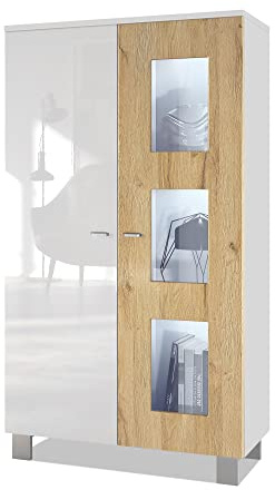 Vladon Vitrine Denjo, Made in Germany, Standvitrine mit 2 Türen und 3 Glaseinsätzen, Weiß matt/Weiß Hochglanz/Eiche Natur inkl. LED-Beleuchtung (71 x 129 x 35 cm)