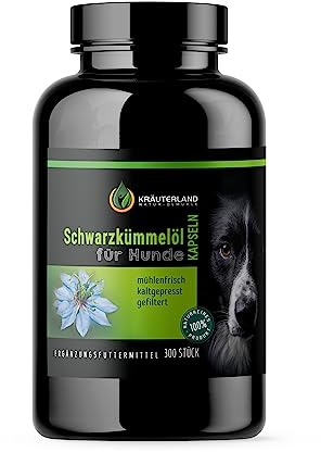 Kräuterland Schwarzkümmelöl Kapseln für Hunde 300 Stück rein kaltgepresst | Nigella sativa öl für geschmacksneutrale Verabreichung, Frei von Zusatz- & Konservierungsstoffen, Dosierung nach Hundegewicht