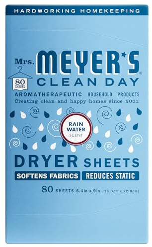 Mrs. Meyer's Dryer Sheets, Fabric Softener, Reduces Static, Cruelty Free Formula Infused with Essential Oils, Rain Water Scent, 80 Count
