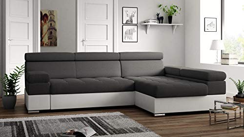Ecksofa Paulo mit Schlaffunktion, Eckcouch mit Bettkasten, Freistehend schlafsofa, Schlafsofa mit bettfunktion,L-Form Ecksofa, Ottomane Rechts, 260 cm x 162 cm (Dunkelgrau + Weißer Kunstleder (EKO)