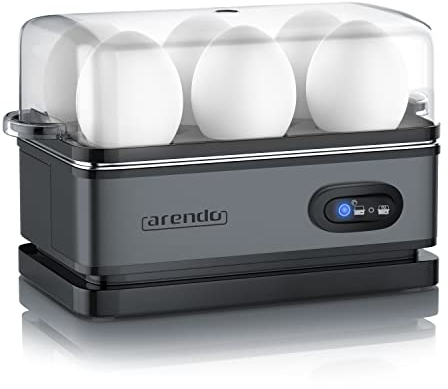 arendo – Cuiseur à œufs avec Fonction Maintien au Chaud - 1 à 6 œufs - Dur, Mollet ou à la Coque - Indicateur Lumineux - Verre doseur avec Perce-œufs - 400 W - Base Anti-dérapante – Cool Grey