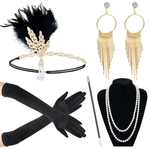 Meiruier 1920 Zubehör-Set, 1920er Jahre Mode Stirnband Halter Lange Handschuhe Perlenkette Great Gatsby Accessoires für Frauen, Charleston Fancy Set (Style 5)