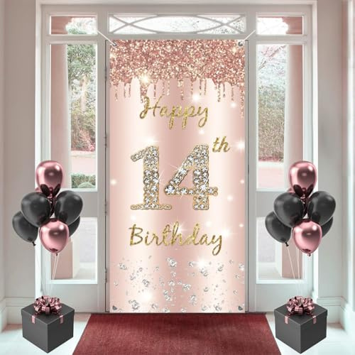 14. Geburtstag Mädchen Deko, Happy 14 Birthday Roségold Stoff Schild Plakat Türdekoration Banner, 14. Geburtstag Hintergrund Banner Geburtstagsfeier Deko