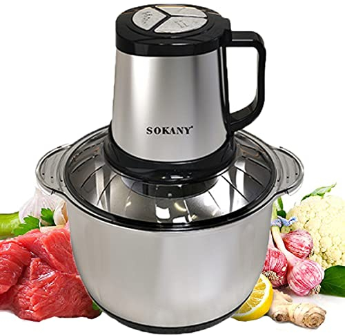 SOKANY Picadora Eléctrica Picadora de Carne y Verduras Eléctrica Trituradora de Alimentos de Acero Inoxidable, Picadora Batidora Eléctrica de Cocina 4 Cuchillas y 2 Velocidades (SK-7015, 800W, 5L)