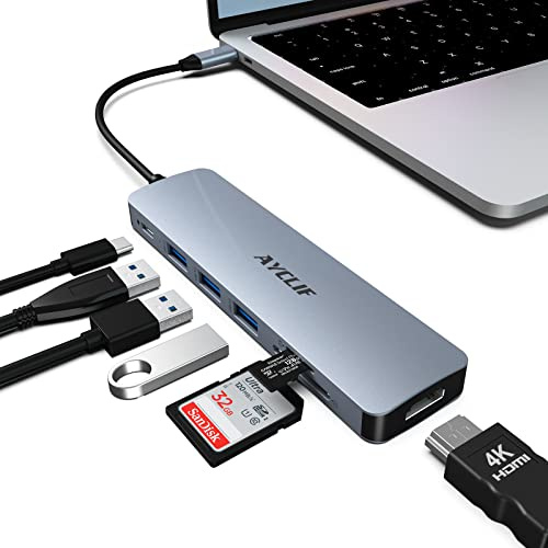 AYCLIF 7 in 1 USB C Hub, USB C Adapter mit 4K HDMI, 100W Typ C PD, 3 USB 3.0 5 Gbps Ports, SD/TF Kartenleser Multiport USB C HDMI für MacBook Ipad HP Dell XPS Surface