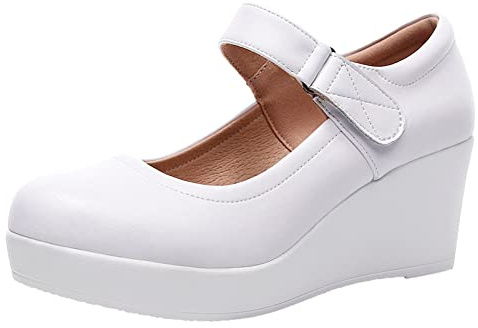 Jamron Dam Hög Plattform 6CM Kilklack Mary Jane Skor Kardborreband Läderpumps med Ankelrem Vit SN070281-1 EU37