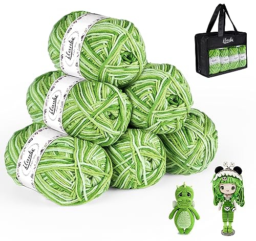 ilauke Acrylgarn zum Stricken, 6 Stück Handstrickgarn Farbverlauf Set, 300g(6x50g) Wolle zum Häkeln und Stricken, Häkelgarn zum Häkeln und Kunsthandwerk für Anfänger und Kinder mit 1 Handtasche,Grün