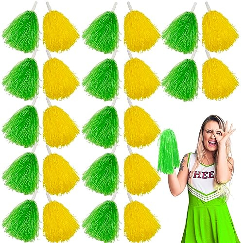 Lovecheer Cheerleader-Pompons, grün und gelb, Kunststoff, Cheerleader-Pompons mit Griff, für Sport, temperamentvolle Tanzpartys, Aufführungen, 24 Stück