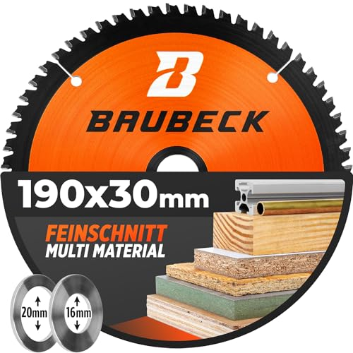 BAUBECK Sägeblatt 190x30 inkl. 20mm/16mm Reduzierringe - Multi Material Feinschnitt - Kreissägeblatt 190x30 für Holz, Aluminium, Metall uvm. - Sägeblatt 190x20 und 190x16