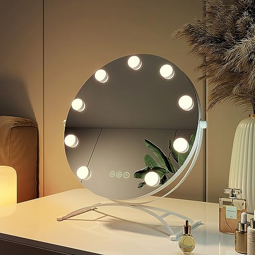 EMKE Hollywood Spiegel rund 40cm, Weiß, 3 Lichtfarben | Schminkspiegel mit Beleuchtung, 360 Grad drehbar, 9 LED Lampen, dimmbar, Speicherfunktion, Kosmetikspiegel für Schminktisch