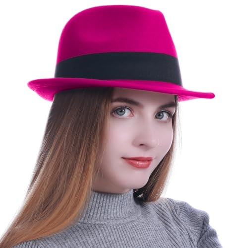 HEYANN Fedora Hut Herren Damen Mode Filz Hüte für Herren Damen 56-58cm Wollfilz Herrenhut Jazz Cap Kurzer Krempe Trilby Hut mit Eleganter Panama Hut Damen Gentlemans (M/L, Magenta)