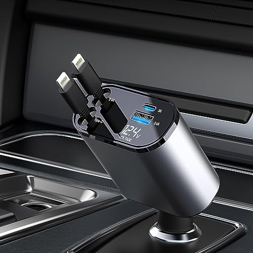 Kwak’s Einziehbares Auto-Ladegerät, 100W Zigarettenanzünder USB C, Auto-Ladegerät Adapter mit Verstecktem Kabel, Auto-Ladegerät Schnellladung kompatibel mit iPhone 14 13 12 11 Pro Max(Apfel+Apfel)