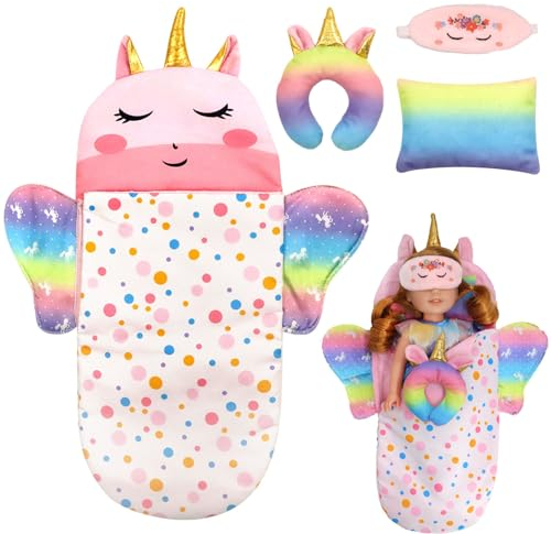 TaimeiMao Einhorn Puppenschlafsack Set Mit Augenmaske & U-Förmiges Kissen & Quadratisches Kissen Puppenzubehör Für 25-38cm Puppen Geburtstagsgeschenk Für Mädchen