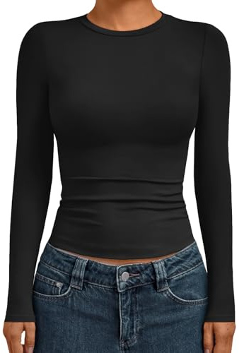AUTOMET Womens Long Sleeve Shirts Basic Compression Tops Slim Fit Crew Neck Layering Underscrubs Y2K Going Out Clothes Black M