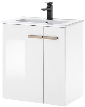 Furn.Design Waschbeckenunterschrank MIT Waschbecken in weiß Lack Hochglanz und Eiche Waschtisch Set hängend Waschplatz 60 cm Dense (Weiß, Waschtisch 1)