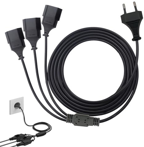 Euro-Netzkabel Verlängerungskabel 3 in 1 C Typ C auf EU Stecker,250 V/2,5 A | 0,75 mm² Netzkabel für Zuhause und Büro, Schwarz
