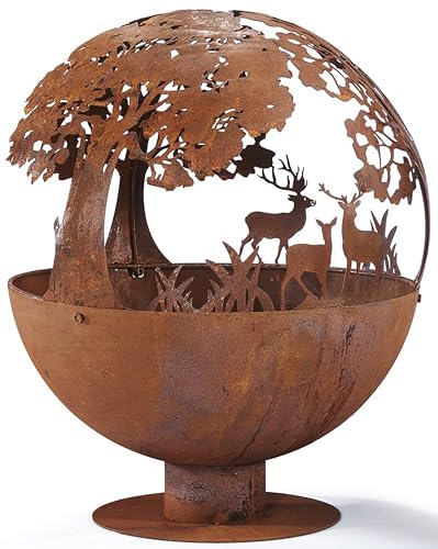 Kobolo Feuerschale Feuerkorb Forest Kugelform rund mit Motiv - Metall Rostoptik 50x50x60cm Durchmesser 50cm
