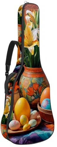 Gitarrentasche, Schutzhülle für 40/41/42 Zoll Akustikgitarre mit Zubehörfach, wasserdichte Gigbag, bunte Osterlilien Eier, mehrfarbig, 42.9x16.9x4.7 in, Gitarrentasche
