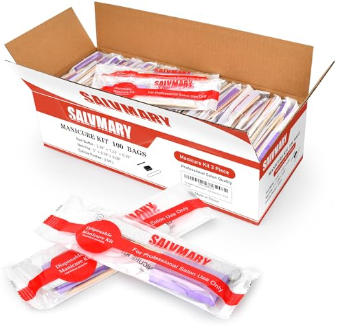 SALVMARY Professional Disposable Manicure Kit Basics 3 Piece Nail Kit, Mini Nail Buffer Block 80/100 Grit, Wood Zebra Nail File 100/180 Grit, Wood Stick, 100 Set