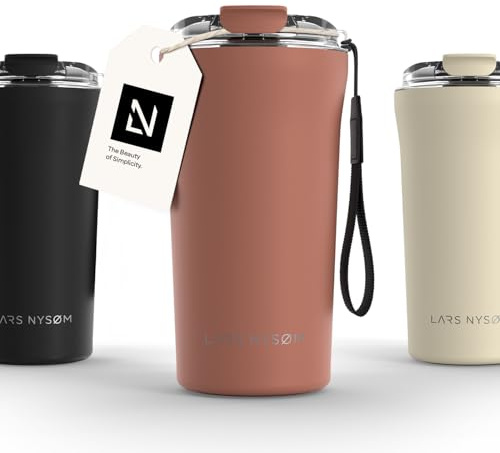 LARS NYSØM Thermo Coffee Mug-to-go with Strap 17oz | Travel Mug 0.5 Liter with Insulation | Leak Proof Stainless Steel Thermal Tumbler for Coffee and Tea to Go (Brick Red, 500ml)