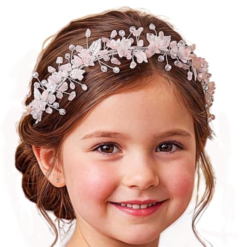 IYOU Haarreif Kommunion Mädchen Rosa Haarschmuck Hochzeit Quarz | Silber und Rosa Kopfschmuck Kristall Stirnband Blume Strass für Blumenmädchen