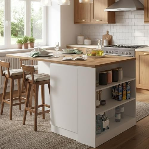 Dmora - Kücheninsel Osvaldo, Mehrzweckschrank, Küchenzeile Schrank, Zusätzlicher Tisch, 100% Made in Italy, 160 x 90 x 90 cm, glänzendes Weiß und Eiche