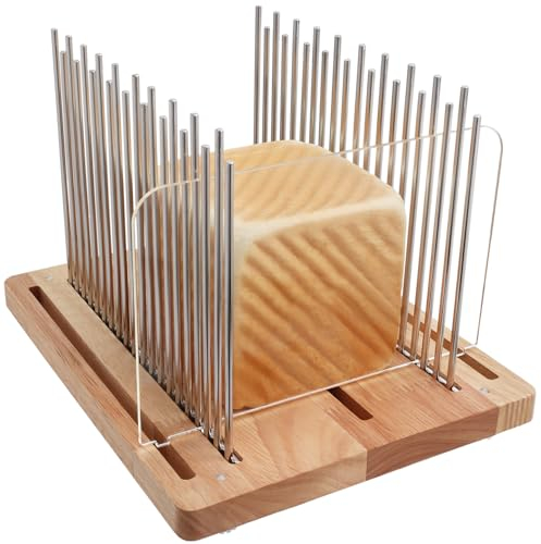Stainless Steel Bread Slicer - Adjustable Guide, Foldable & Compact, Durable Wooden Structure