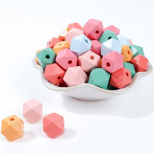 Holzperlen 15mm, Bunte Holzperlen Holzkugeln mit loch Natur 60 Stk, Gemischte Geometrische Holz Perlen zum Auffädeln Bastelnperlen Makramee DIY Schmuck Dekor